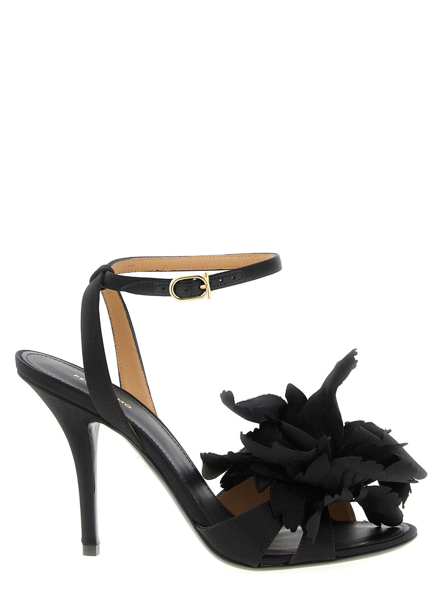 Ferragamo Satin with Maxi Flower Appliqué Heels — Black