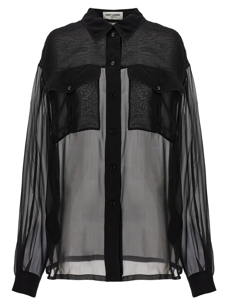 Saint Laurent Semi-Sheer Silk Muslin Shirt — Black