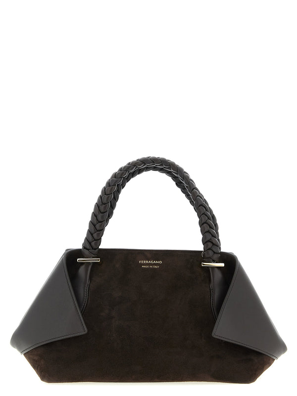 Ferragamo Suede and smooth leather top handle bag in black