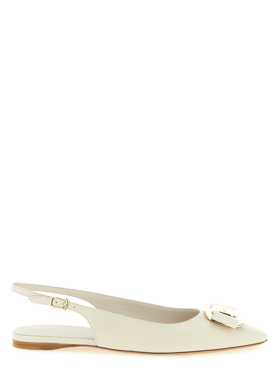 Ferragamo Nappa Leather with Metal Vara Plate Slingback Flat — Cream