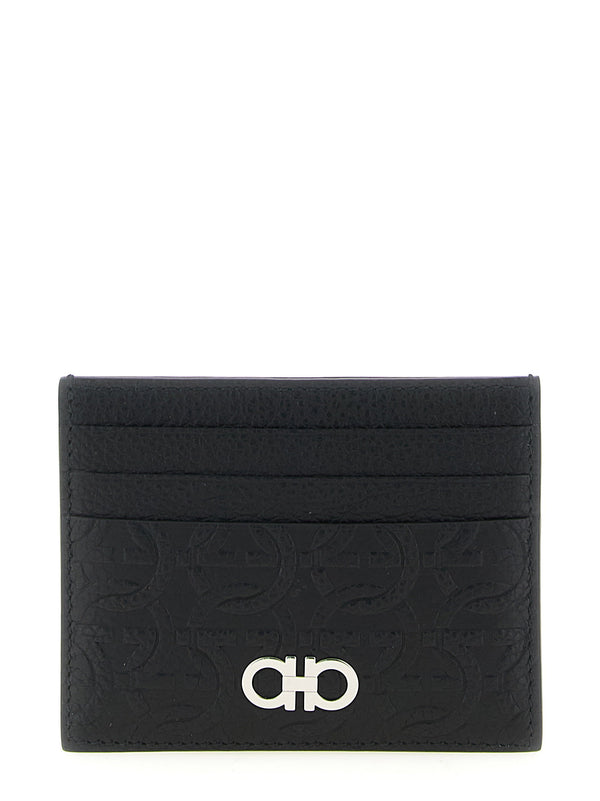 Ferragamo Gancini Embossed Leather Card Case — Black