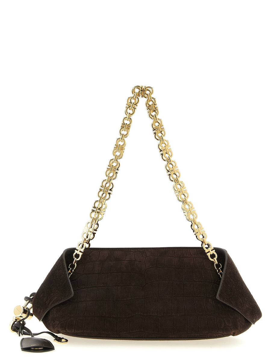 Ferragamo Crocodile-Effect Suede Shoulder Bag — Black