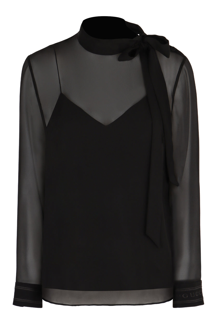 Pussy-Bow Silk Blouse Black Blouses