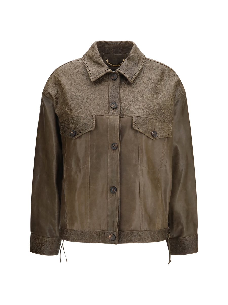 Babete Leather Jacket With Embossed Details Mud Green Calf Bos Taurus