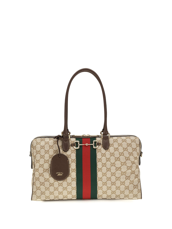 Gucci GG canvas with leather trim top handle bag in beige