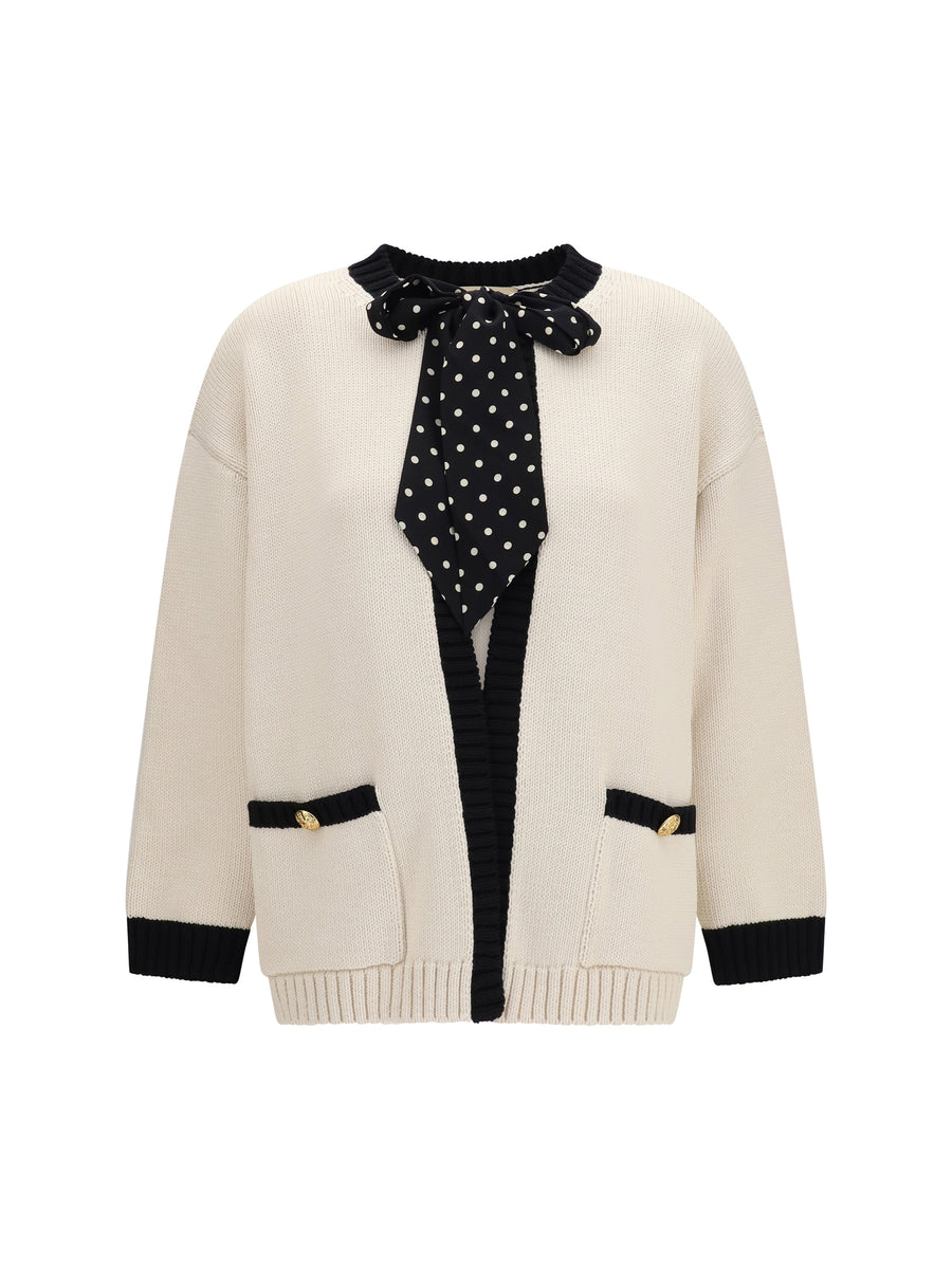 Open Cardigan With Polka-Dot Bow, Birch-Black Birch/black Cotton