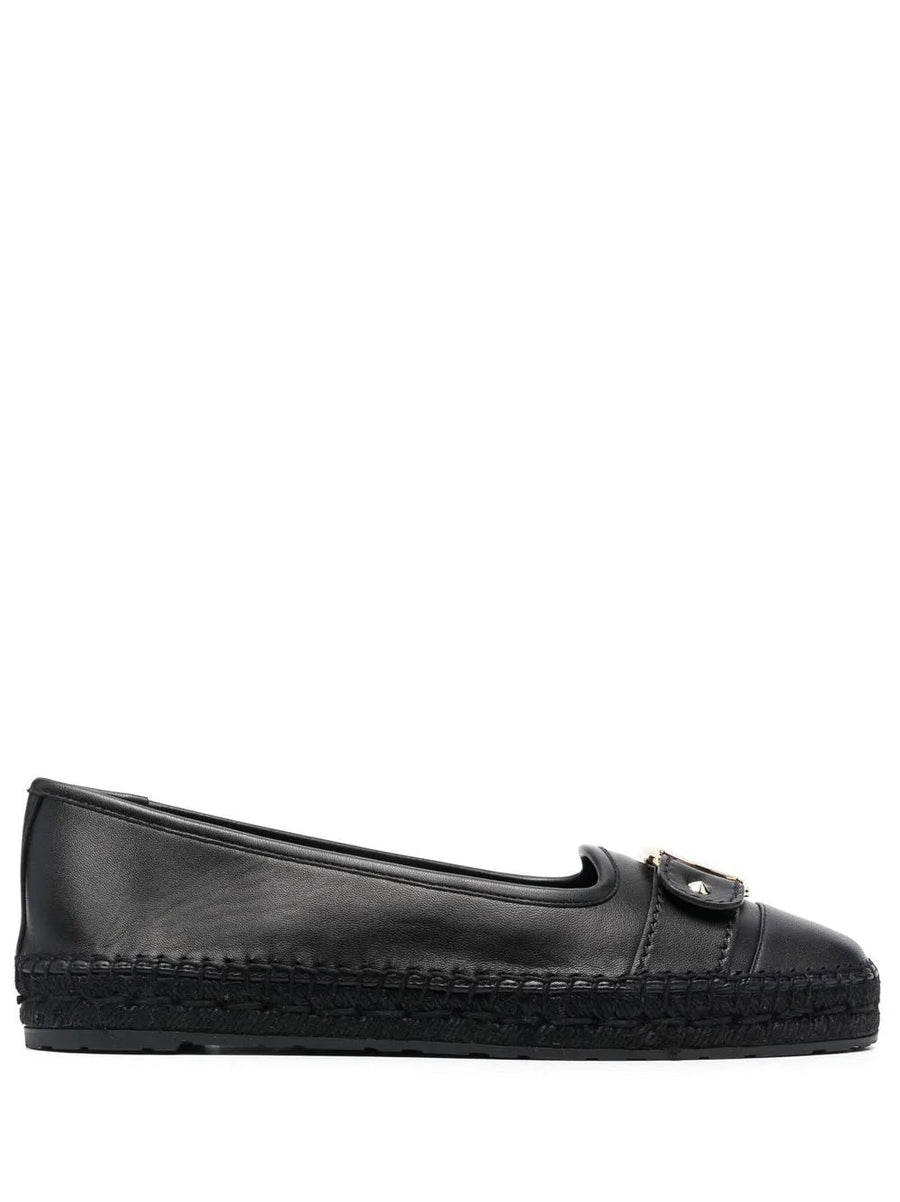 Ferragamo Calf leather; braided raffia sole espadrille flat in black