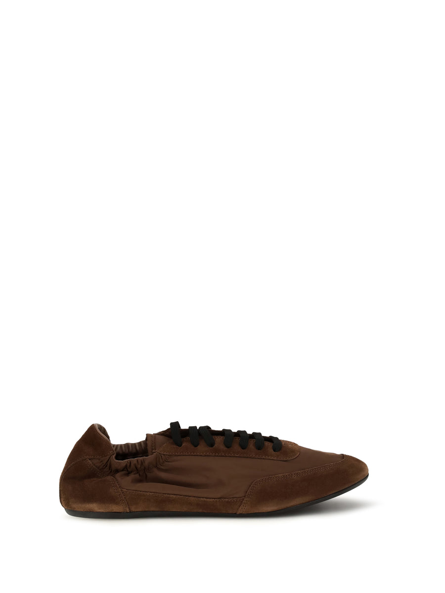 Prada Re-Nylon and suede upper; rubber sole sneaker in brown