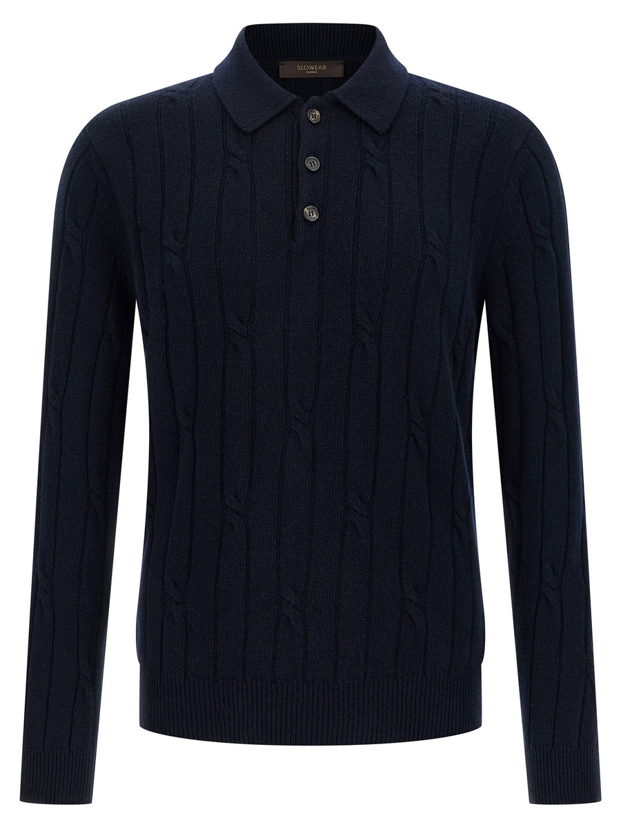 Zanone Cashmere and Wool Cable-Knit Polo Shirt — Navy