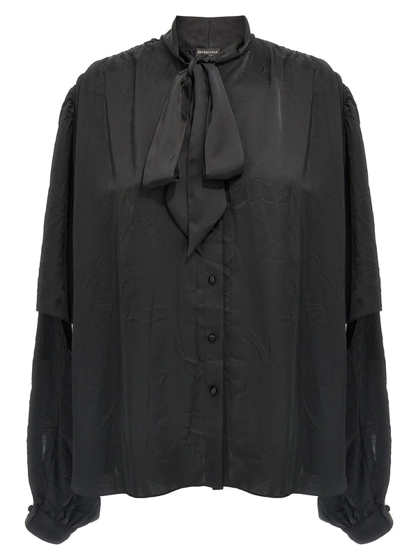 فستان Balenciaga مزدوج كم مع يقة لافاليير ياقة قميص — أسود