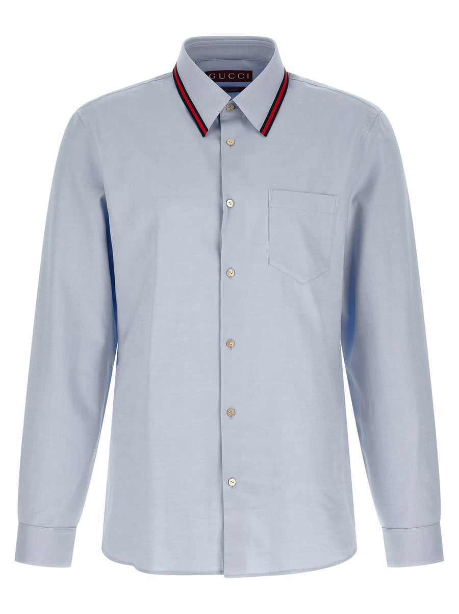 Gucci Web-Trimmed Collar Shirt — Light Blue