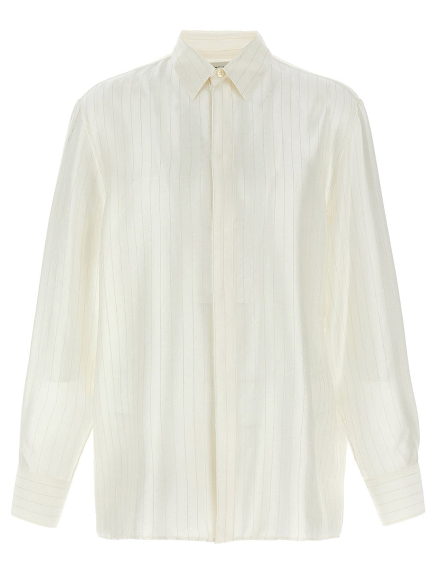 Saint Laurent Striped Satin Piqué Shirt — Ivory