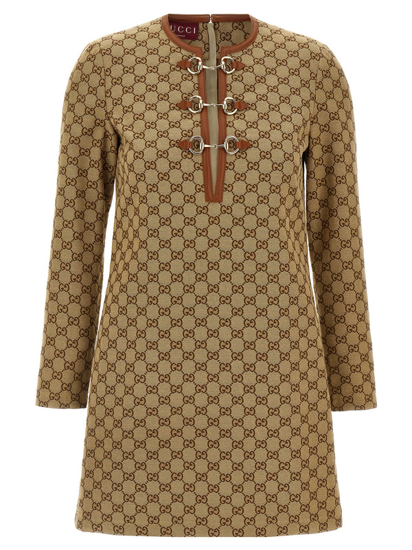 ميني Gucci شعار-جاكار فستان — بيج