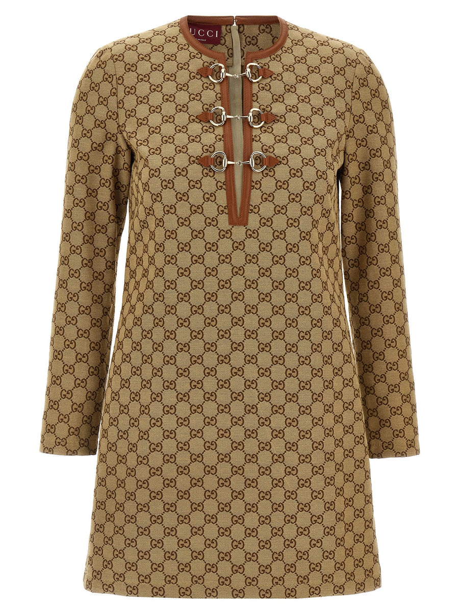 Gucci Logo-Jacquard Mini Dress — Beige