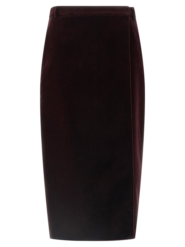 Saint Laurent Cotton Velvet Midi Skirt — Burgundy