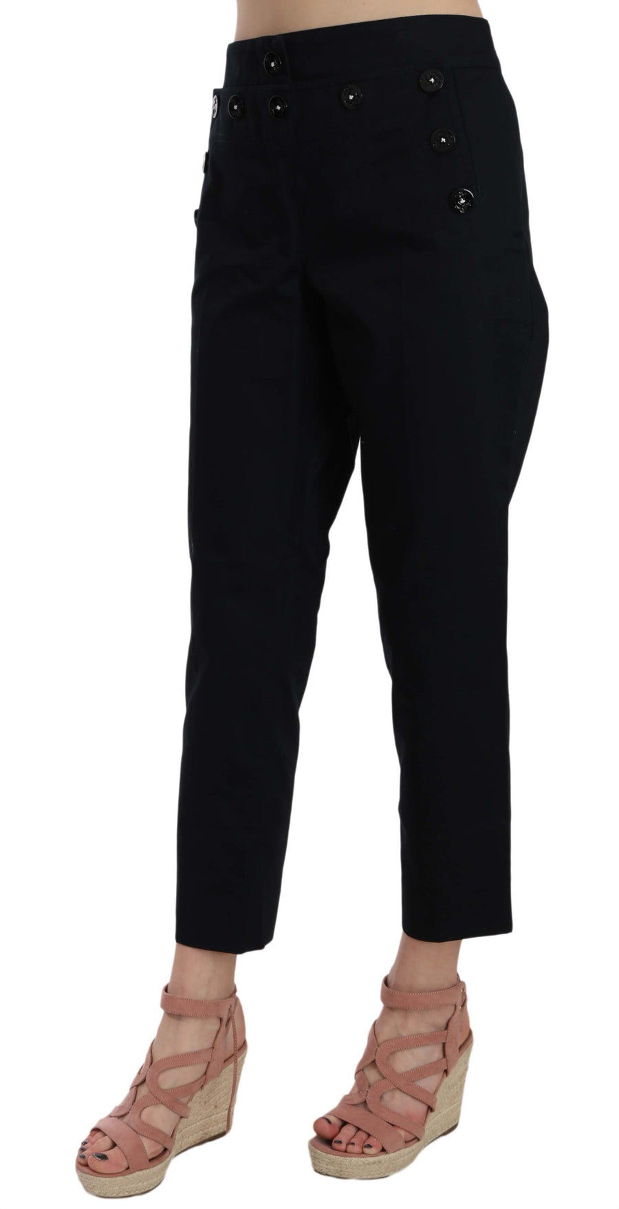Black Cropped Front Button Embellished Pants Cotton