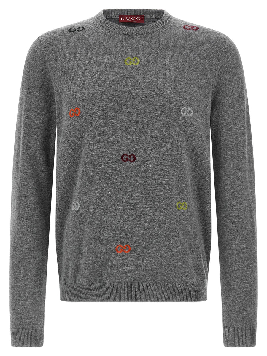 Gucci Multicolor GG Intarsia Cashmere Sweater — Grey