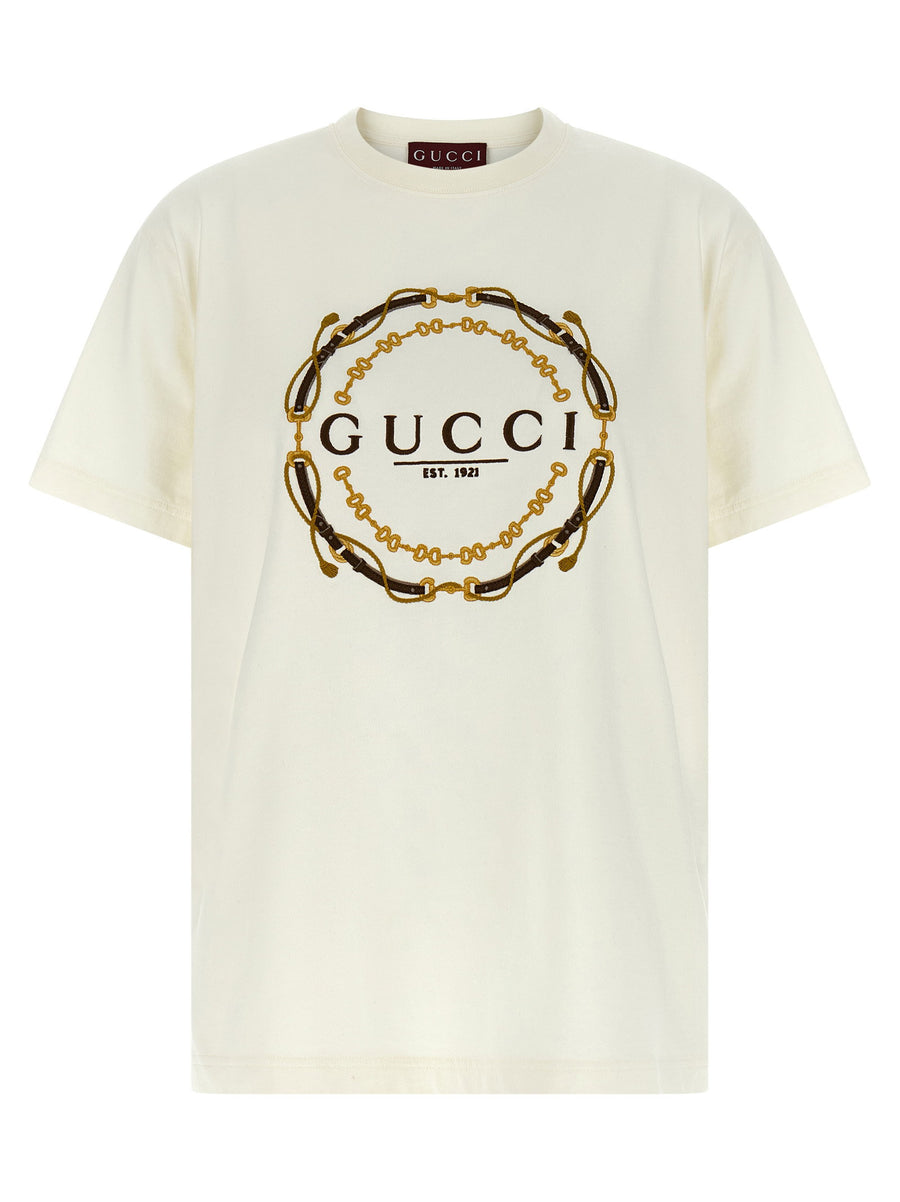 Gucci Chain-Logo Embroidered T-shirt — Cream