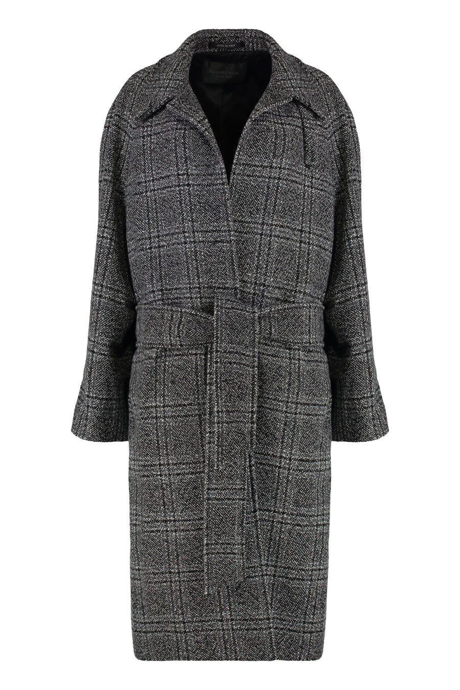 Wool Long Coat With Check Motif Grey