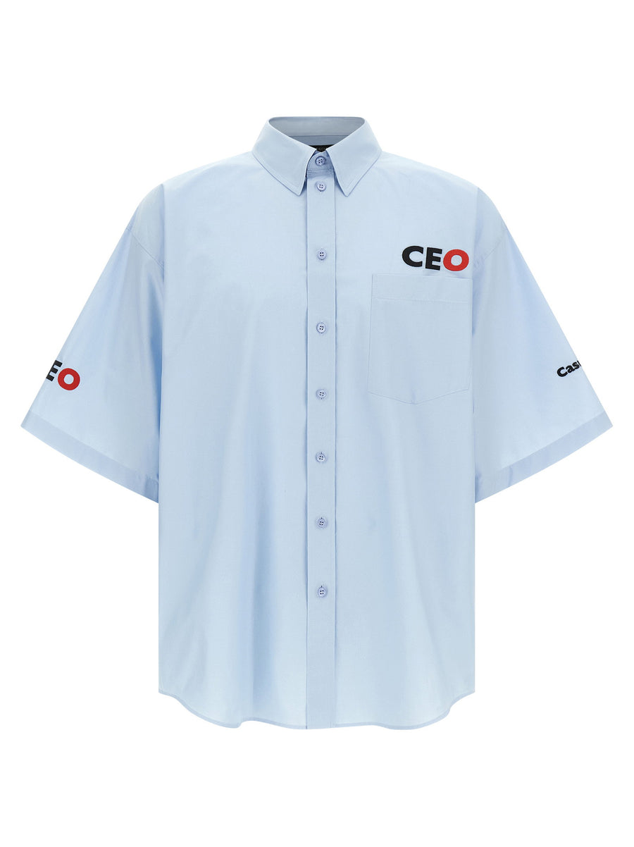 Balenciaga Logo-Embroidered Cotton Poplin Shirt — Light Blue
