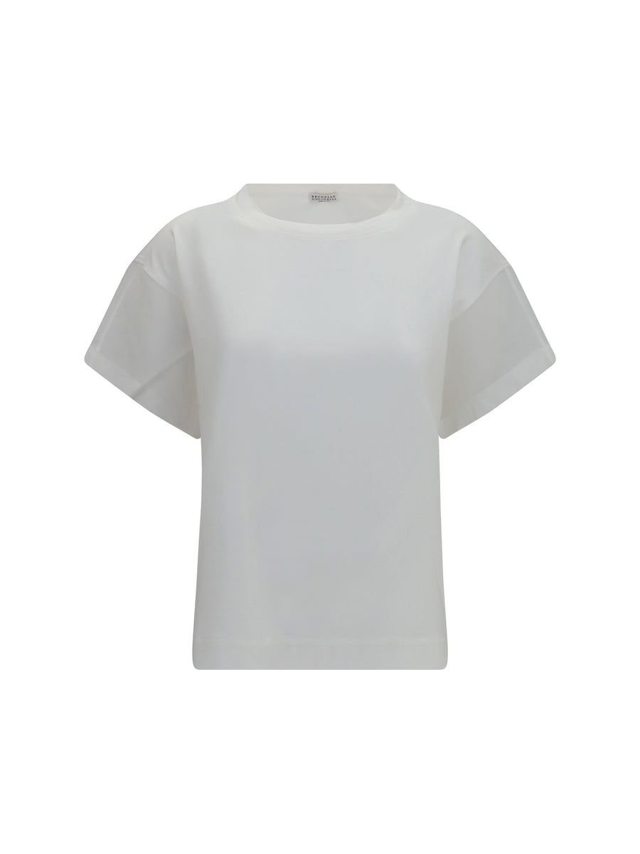 Cotton T-Shirt With Sheer Sleeves And Side Panels Bianco T-shirts
