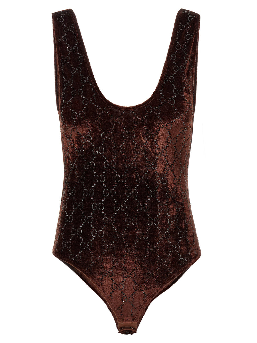 Gucci Velvet GG-Embellished Bodysuit — Brown