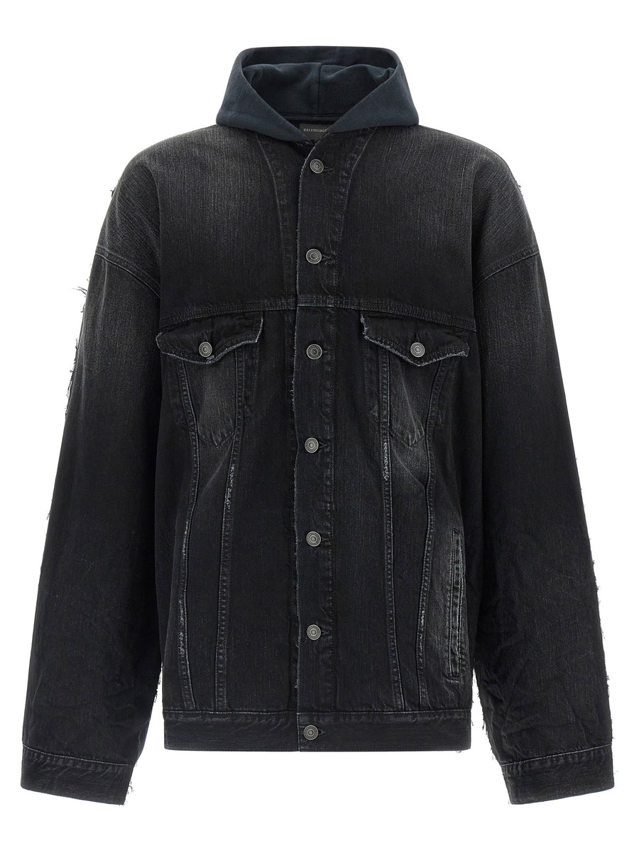 Balenciaga Hybrid Denim-Hoodie Jacket — Black