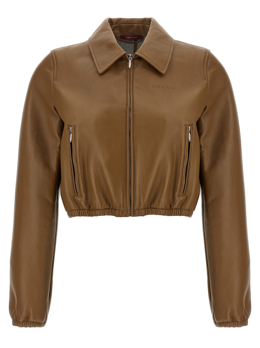 Gucci Cropped Leather Jacket — Taupe