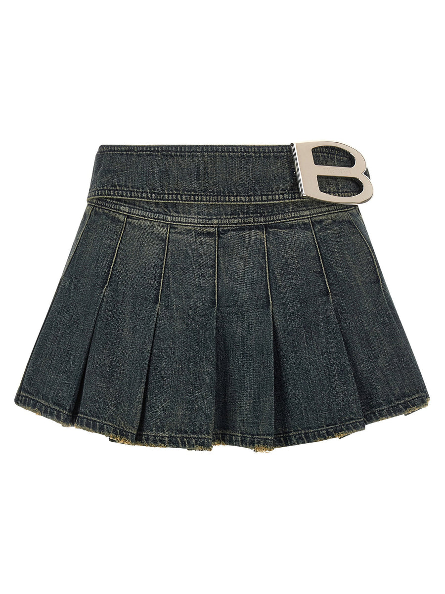 Balenciaga Pleated Denim with Logo Buckle Skirt — Gray