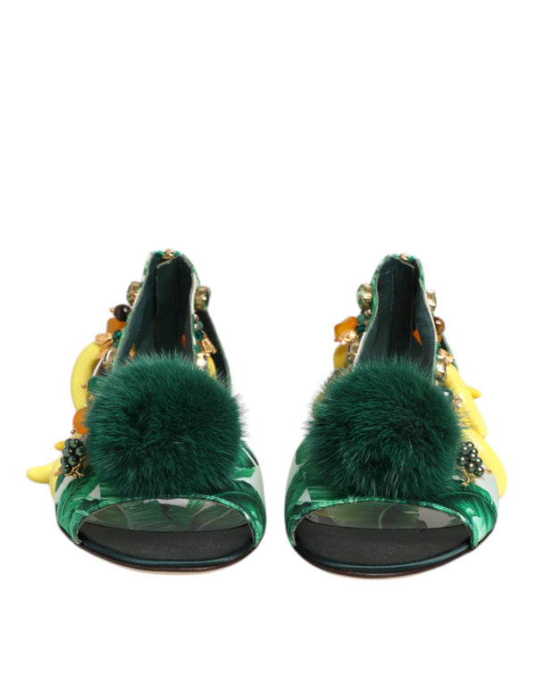 Dolce & Gabbana 90% Silk 5% Hay 5% Mink Fur heel sandal in green