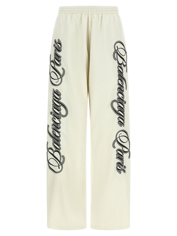 Balenciaga Cursive-Embroidered Reversible Joggers — Cream