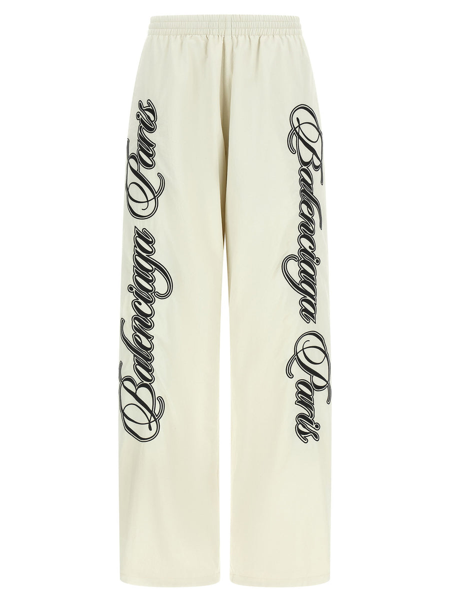 Balenciaga Cursive-Embroidered Reversible Joggers — Cream