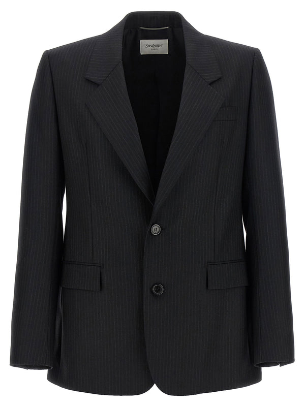 Saint Laurent Pinstripe Wool Blazer — Charcoal