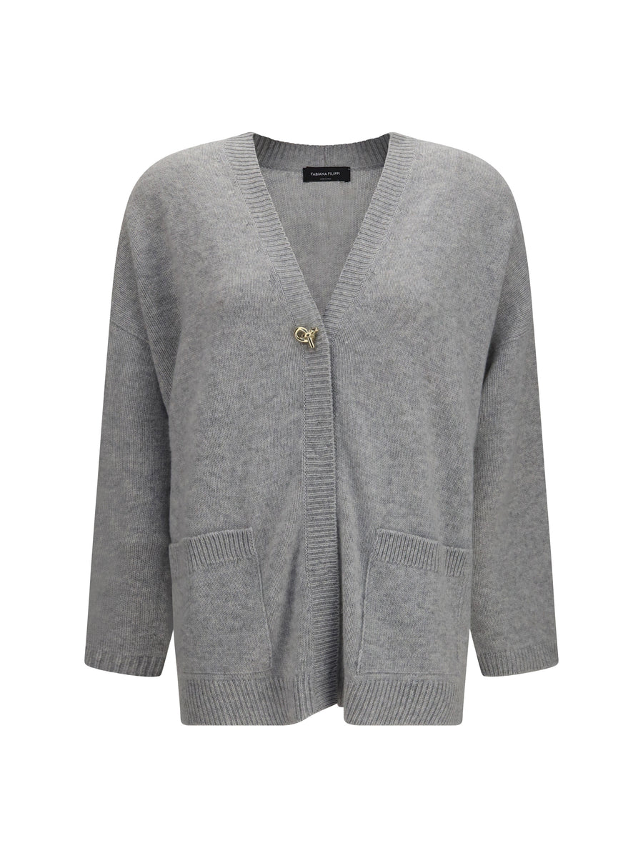 Cashmere Cardigan With V-Neck And Knot Button Granito Kashmir/capra Hircus