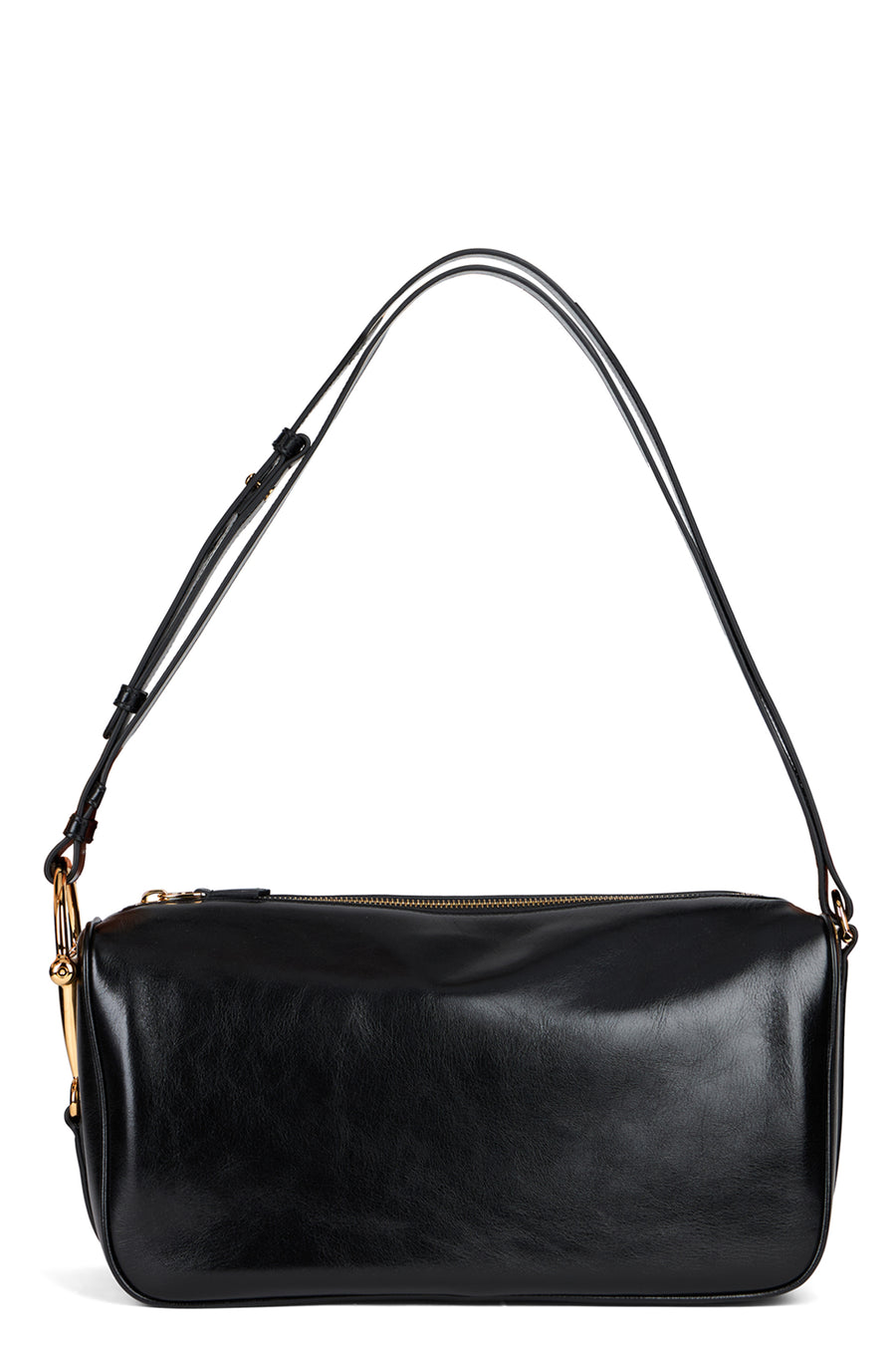 Shoulder Bag With Buckle, Black Leather Calf Skin