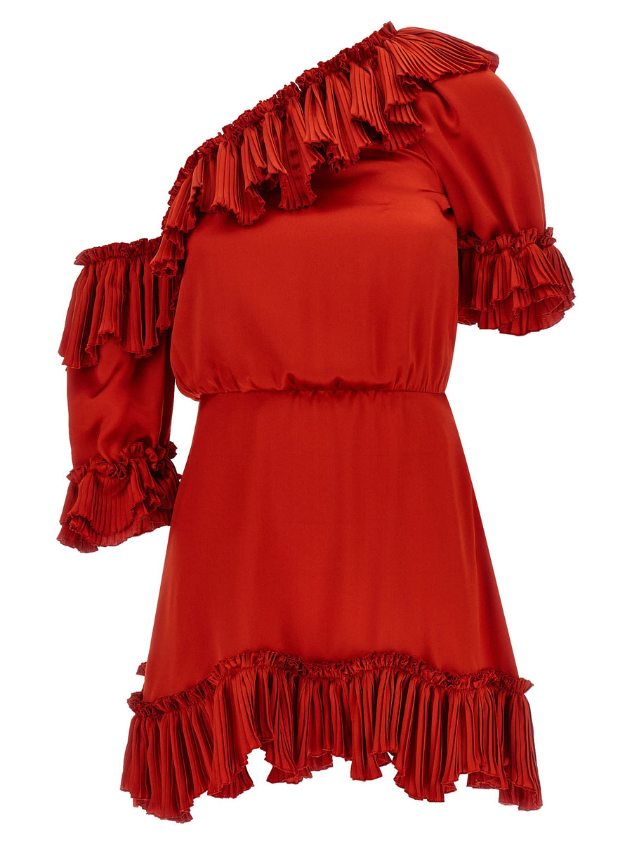 Saint Laurent Pleated Ruffle Silk Dress — Red
