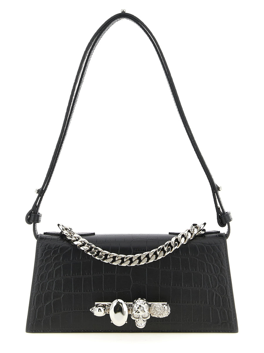 Alexander McQueen Crocodile-Embossed Jewelled Shoulder Bag — Black