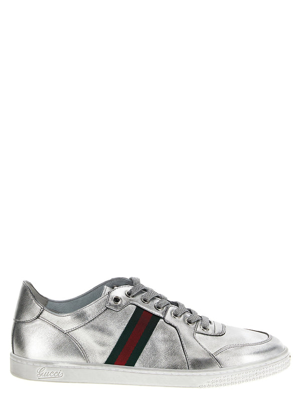 حذاء سنيكرز Gucci معدني جلد بخطوط ويب - فضي