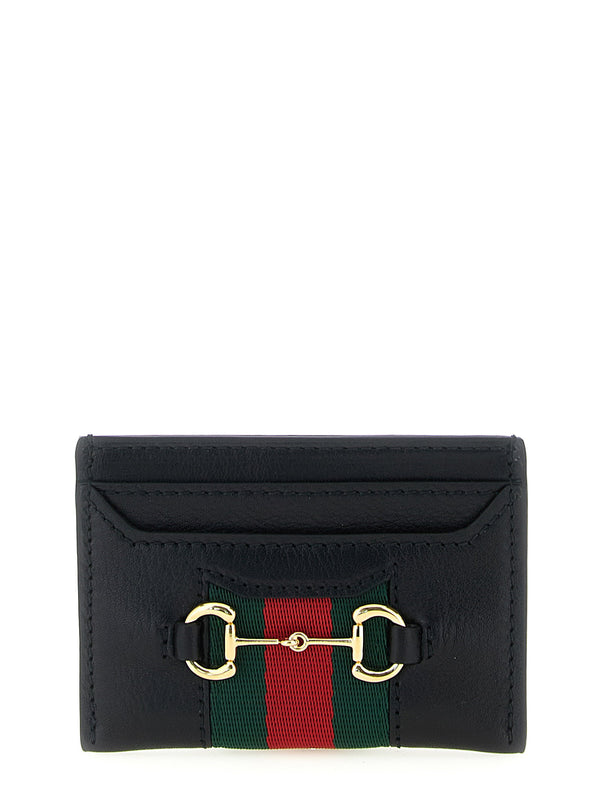Gucci حافظة مخططة بشريط الويب جلد بطاقة — أسود