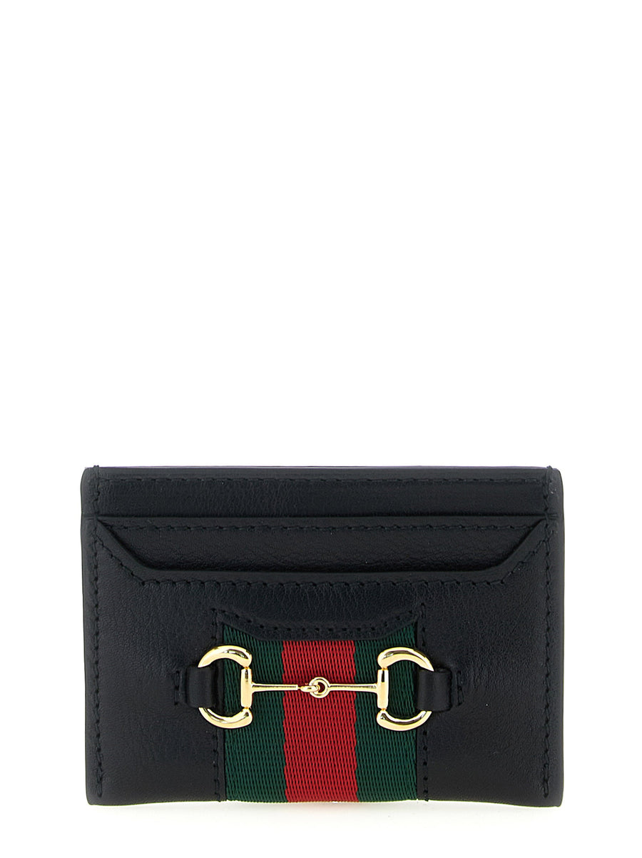 Gucci حافظة مخططة بشريط الويب جلد بطاقة — أسود