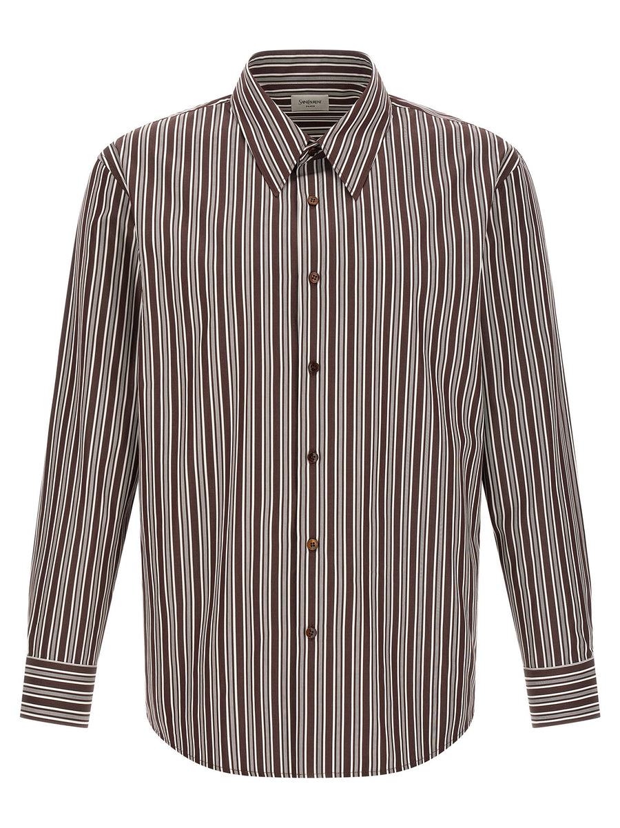 Saint Laurent Vertical Striped Cotton Poplin Shirt — Brown