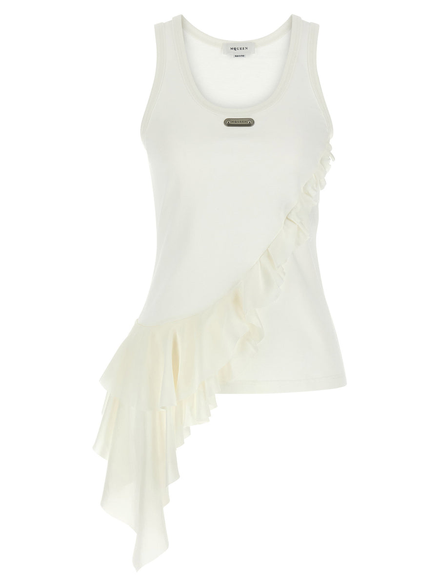 Alexander McQueen Asymmetrical Silk Ruffle Tank Top — Ivory