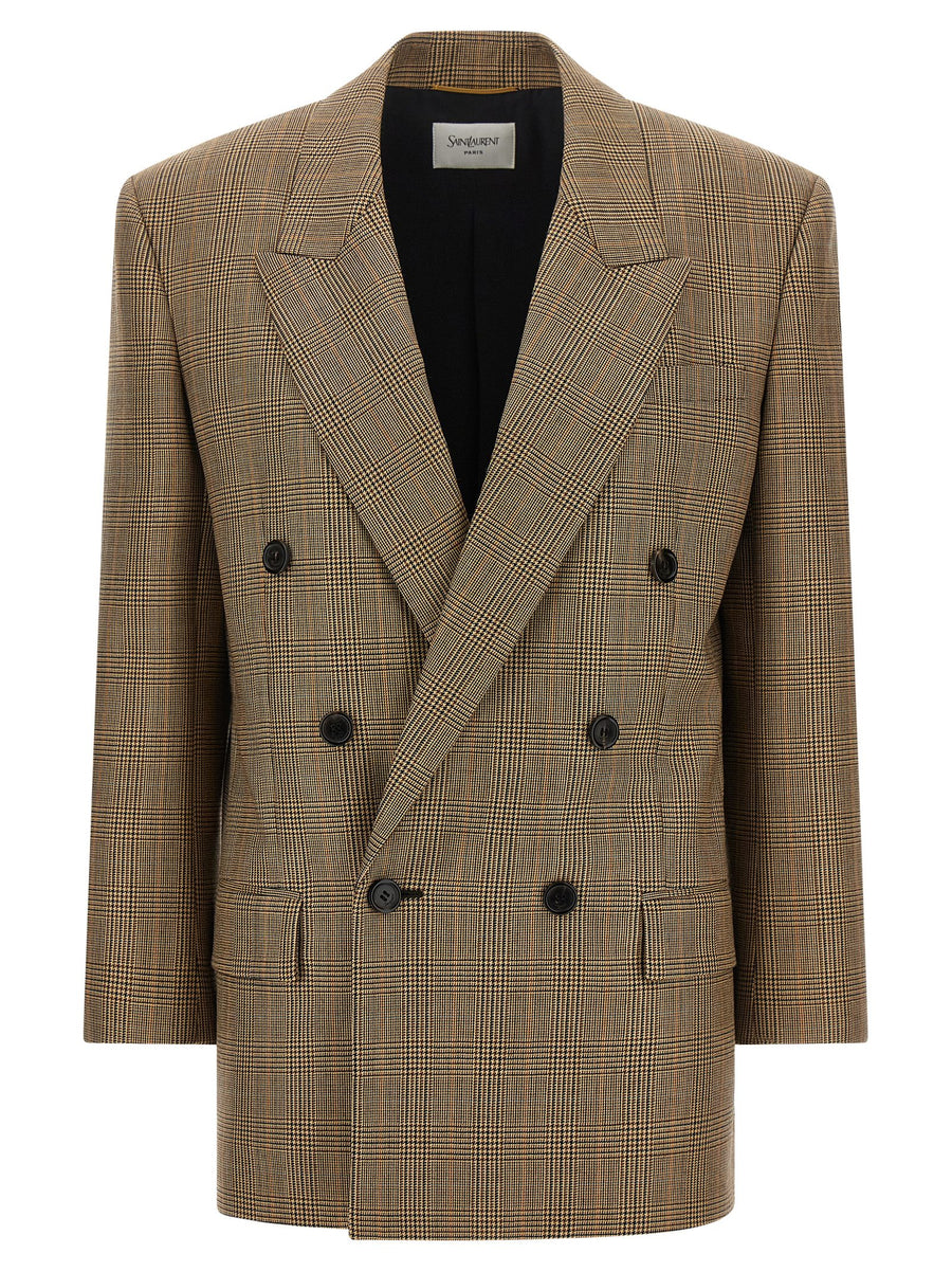 Saint Laurent Prince of Wales Houndstooth Blazer — Beige