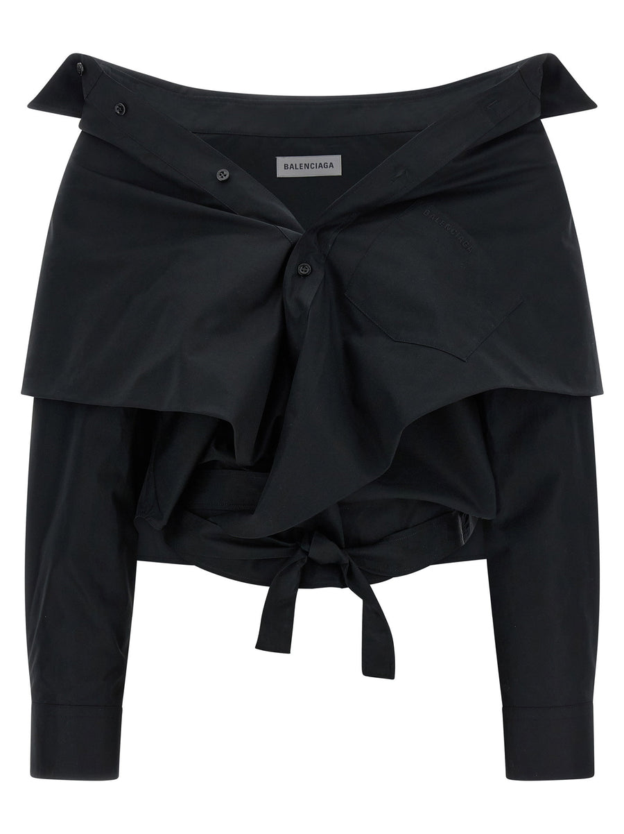 Balenciaga Off-the-Shoulder Crop Blouse — Black