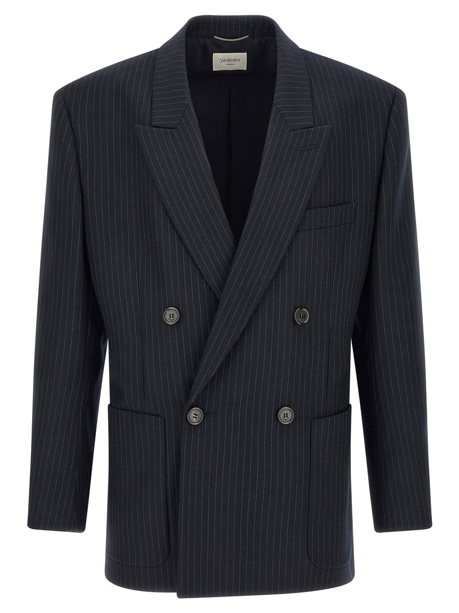 Saint Laurent Pinstriped Virgin Wool Blazer — Navy