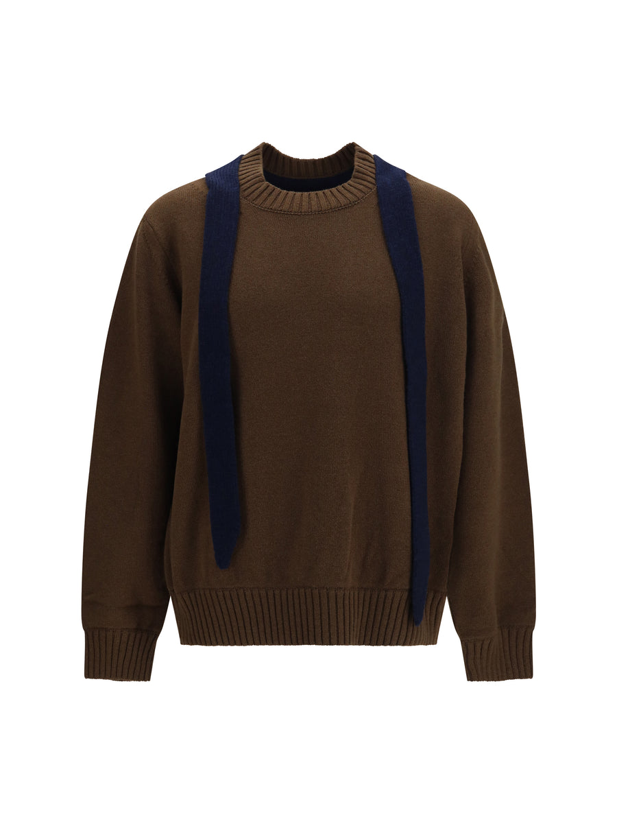Wool Cardigan With Integrated Scarf Brown-Navy Brown/navy Merino