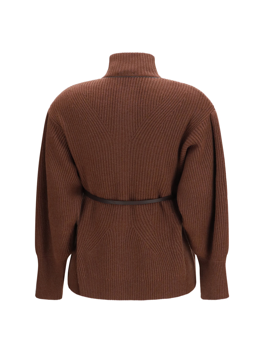 High Neck Wool Cardigan With Belt Chocolate Fleece