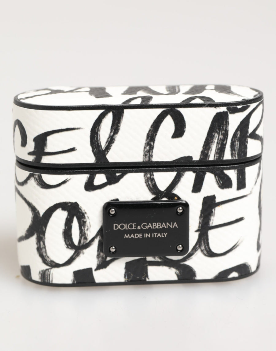 Black White Leather Monogram Print Logo Holder Airpods Case Accessory