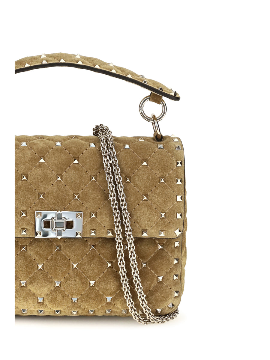 Top Handle Bag Rockstud Spike Havana Beige Suede Calf Leather Shoulder