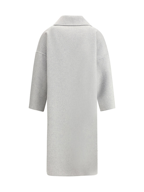 Double-Breasted Long Coat Light Grey Melange Fleece Wool (ovis Aries)